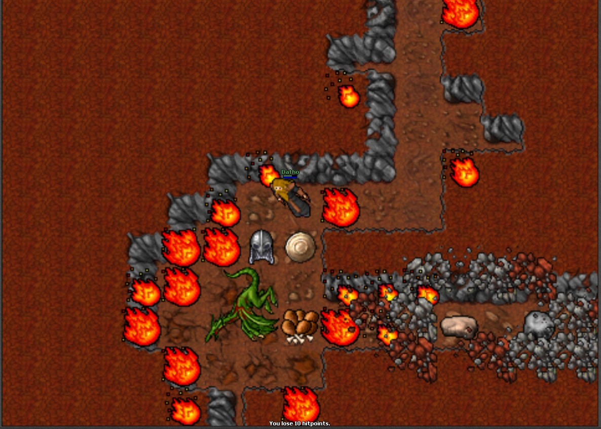 Dathoria player facing a dragon in a fire-filled hunting area